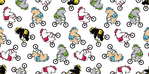 bear seamless pattern polar bear bicycle riding cycling cap hat vector cartoon doodle teddy tile background gift wrapping paper repeat wallpaper scarf isolated illustration design