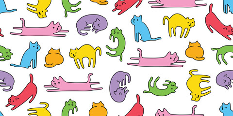 cat seamless pattern kitten calico colorful doodle cartoon pet animal illustration tile background gift wrapping paper scarf isolated repeat wallpaper