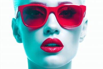 Fashion woman with red sunglasses, Bold makeup and eyewear, High-contrast editorial or style shot