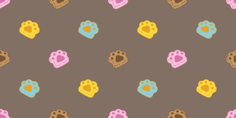 dog paw seamless pattern cookie biscuit cat footprint cracker pet bakery vector puppy kitten cartoon doodle wallpaper tile background gift wrapping paper repeat scarf isolated illustration design