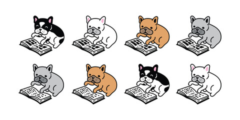 dog vector french bulldog icon reading book comic cartoon character puppy pet doodle symbol illustration design isolated