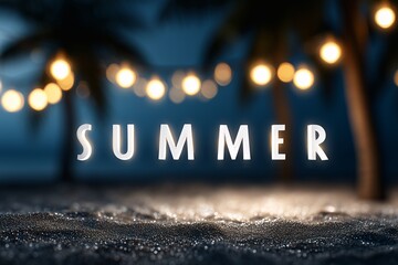Glowing summer text with bokeh lights, Night beach party vibe, Festive warm holiday concept