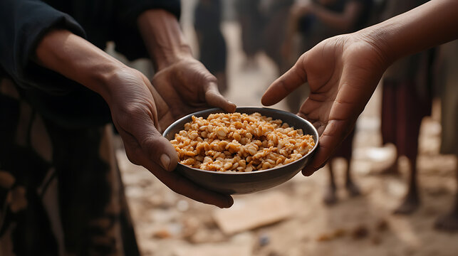 Hands sharing a bowl of grains in a communal setting