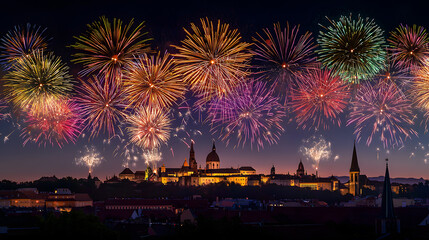 Fototapeta premium Vibrant Fireworks Display Over a Historic Castle at Night