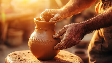 Skilled Hands Shaping a Clay Pot on a Potter's Wheel