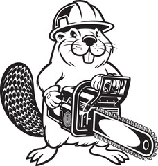 cartoon beaver wearing safety helmet and holding chainsaw	