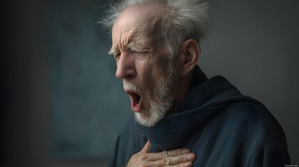 Elderly Man Experiencing Severe Breathing Difficulty:  Health Crisis Visual 3d, white background