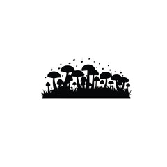 A silhouette of a giant glowing mushroom forest on white background