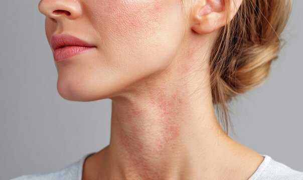 A close-up view of a woman's face and neck, highlighting skin texture and features. The image captures the side profile of the face.