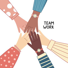 Diverse Hands Joining Together for Teamwork and Collaboration Symbolizing Unity and Support in a Flat Design