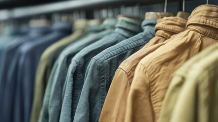 Obraz premium Collection of Colorful Casual Shirts Hanging on Display in a Retail Shop