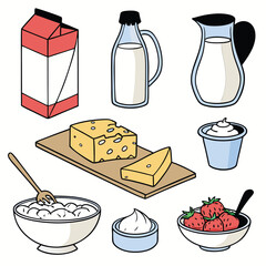 Dairy and Fruit Product Illustration with Milk Cheese Yogurt Cottage Cheese Sour Cream and Strawberries