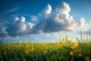 Fototapeta premium Beautiful sky with blue and white clouds, green grassland in the foreground, yellow flowers blooming on it