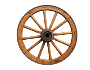 Vintage wooden wagon wheel isolated on white background, rustic farm style.