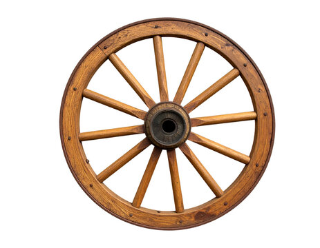 Vintage wooden wagon wheel isolated on white background, rustic farm style.