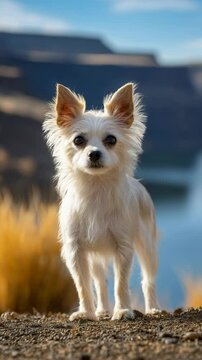 cute White Chorkie dog at outdoor grass field and river view 