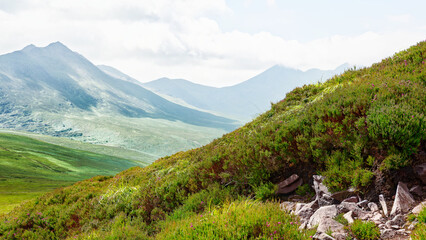 Scenic view of Strickeen Mountain range covered in green vegetation during daytime in Ireland.