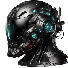 A hyper-realistic sci-fi combat helmet featuring glowing cama LED strips, metallic and carbon fiber textures, integrated HUD components, and aerodynamic contours, shown in clean studio lighting 