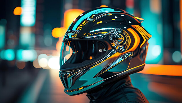 Futuristic cyber woman wearing a high-tech helmet with robotic and biker elements