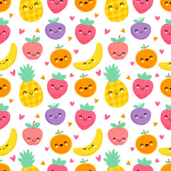 Kawaii Happy Fruit Seamless Pattern, Cute Cartoon Fruits Background