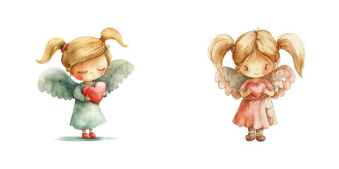 angel holding heart watercolor vector illustration
