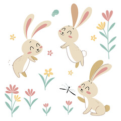 Cute Easter Bunny Cartoon Illustration with Flowers and Insects on a White Background