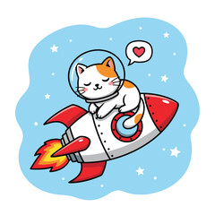 Adorable cartoon cat astronaut sleeping on a rocket ship in space
