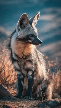 an Aardwolf  in nature landscape sitting with sunset light 