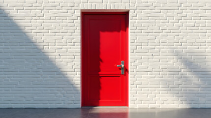 A bold red door standing alone in a white brick wall soft morning light highlighting contrasts inviting yet mysterious feel rich reds against whites geometric composition.