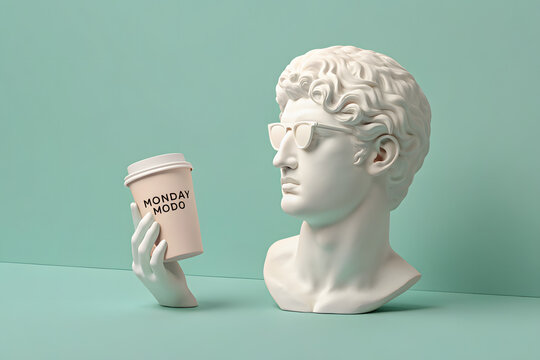 Classical marble bust wearing sunglasses holding takeaway coffee cup labeled "Monday Modo" on mint green background