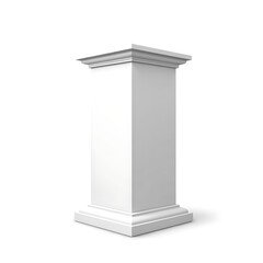 White pedestal column perfect for product display. Elegant white column with classic architectural details is ideal for showcasing goods or branding.