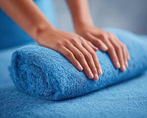 Fototapeta premium Hands Arranging a Rolled Blue Towel on Blue Surface