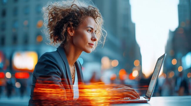 A focused businesswoman types on a laptop in a vibrant cityscape, embodying productivity and digital connectivity.