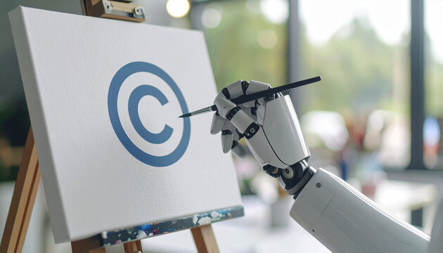 Robotic Copyright Creation: A sleek robot arm delicately paints a copyright symbol on a canvas, suggesting the intersection of artificial intelligence and intellectual property law.