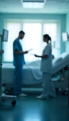 Fototapeta premium Generative AI Depicts Blurred Hospital Scene: Doctors and Patient Interaction