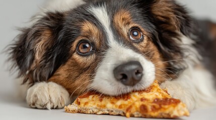 A messy dog happily eating a slice of pizza with cheese strings, sauce smeared on fur, white background