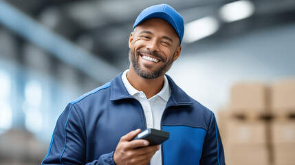 Smiling courier scans barcode with handheld device in clean warehouse, showcasing efficient logistics operations. Concept of delivery services, supply chain, transportation industries