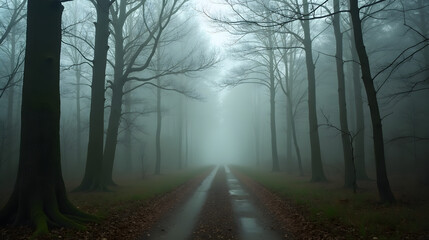 Obraz premium A tranquil forest path under heavy fog soft lights filtering through trees mysterious and serene feel earthy greens and soft greys wide angle view capturing depth.