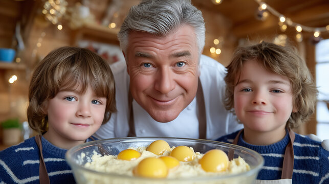 Kids cracking eggs into glass bowl while senior chef supervises with a smile. Bright kitchen filled with decorative elements. Concept of culinary education, family bonding, cooking classes