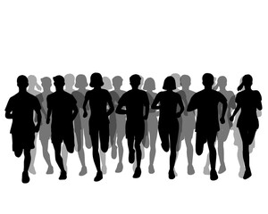 Naklejka premium Silhouette of crowd of young people running, morning jogging, isolated icon on white background.