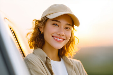Female delivery driver leans out of van window with package in hand. Golden sunset light enhances warmth and friendliness. Concept of courier services, logistics, customer care