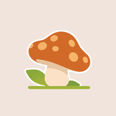 Simple Illustration of a Mushroom with Spots and Green Leaf