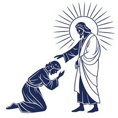 Silhouette of Jesus Christ Extending Hand Possibly with Cat Illustration Elements