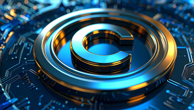 Digital Copyright: A close-up view of a striking, metallic copyright symbol, strategically positioned atop a complex circuit board.