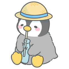 ラムネを飲むペンギンのイラスト