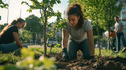 Volunteers planting trees in an urban park