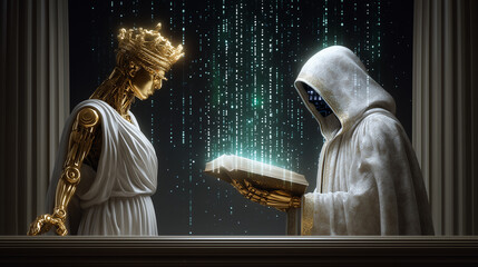 Lady Justice statue gazes at robot judge as it holds law code surrounded by glowing digital data streams. Realistic setting evokes themes of law and technology