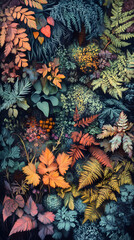 Fototapeta premium A vibrant collage of autumn foliage and ferns, showcasing a rich tapestry of colors and textures.