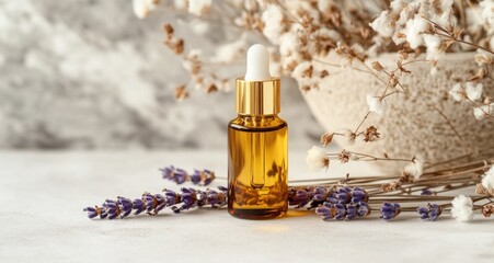 golden cotton essential oil bottle with dried lavender and white flowers on light gray marble background, amber essence in front of glass perfume cap.