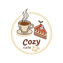 Cozy Cafe Logo with Coffee Cup and Strawberry Cake Illustration, Cozy Cafe logo, Cafe logo, Coffee Cup logo

